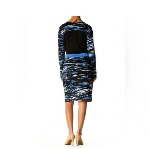 BCBGMaxAzria Dress Blue Black White Dress M Medium Long Sleeve Stretch Wrap - Picture 4 of 10